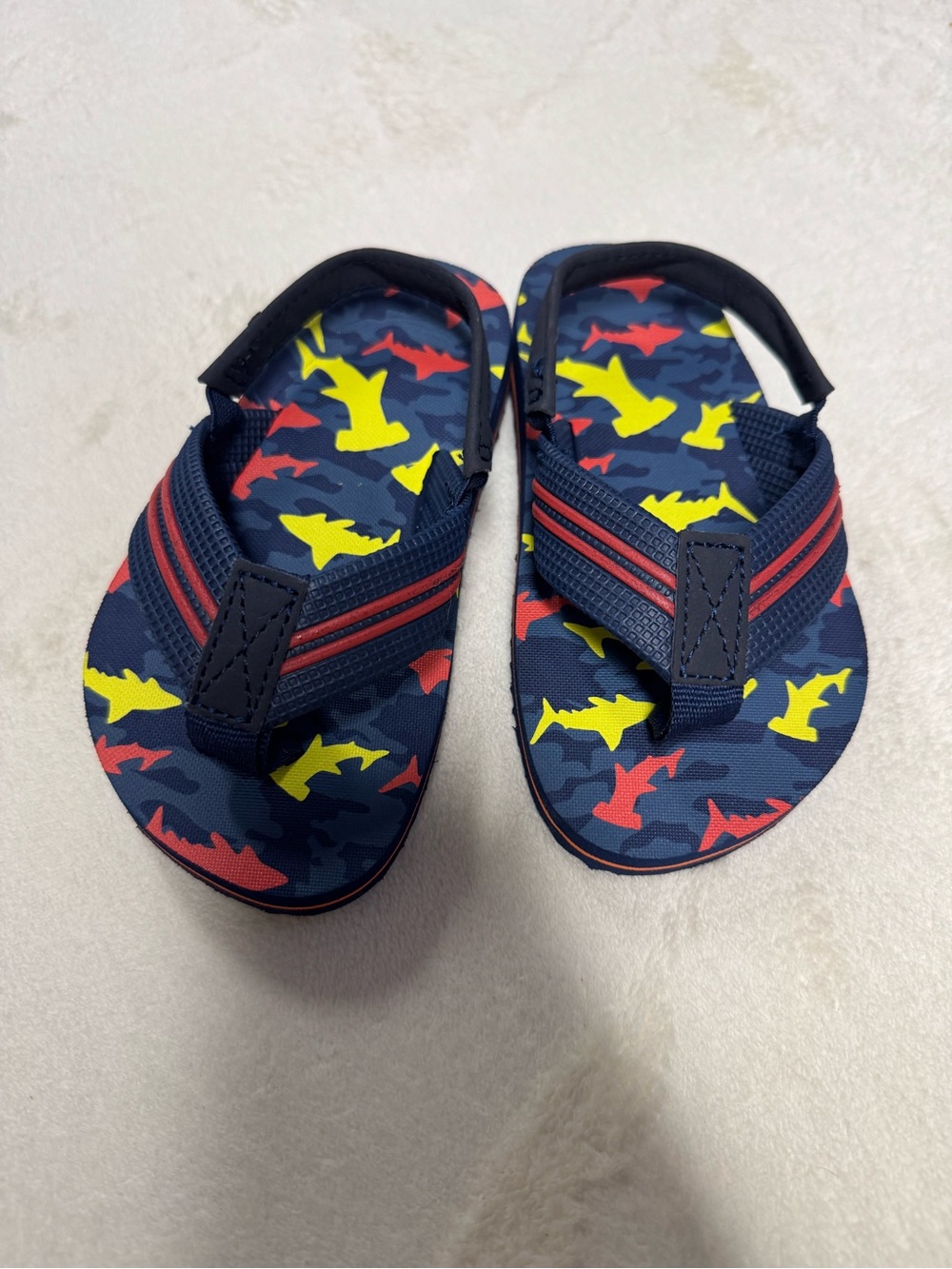 Kids Navy Shark Print Flip Flop Sandals with Red Accents